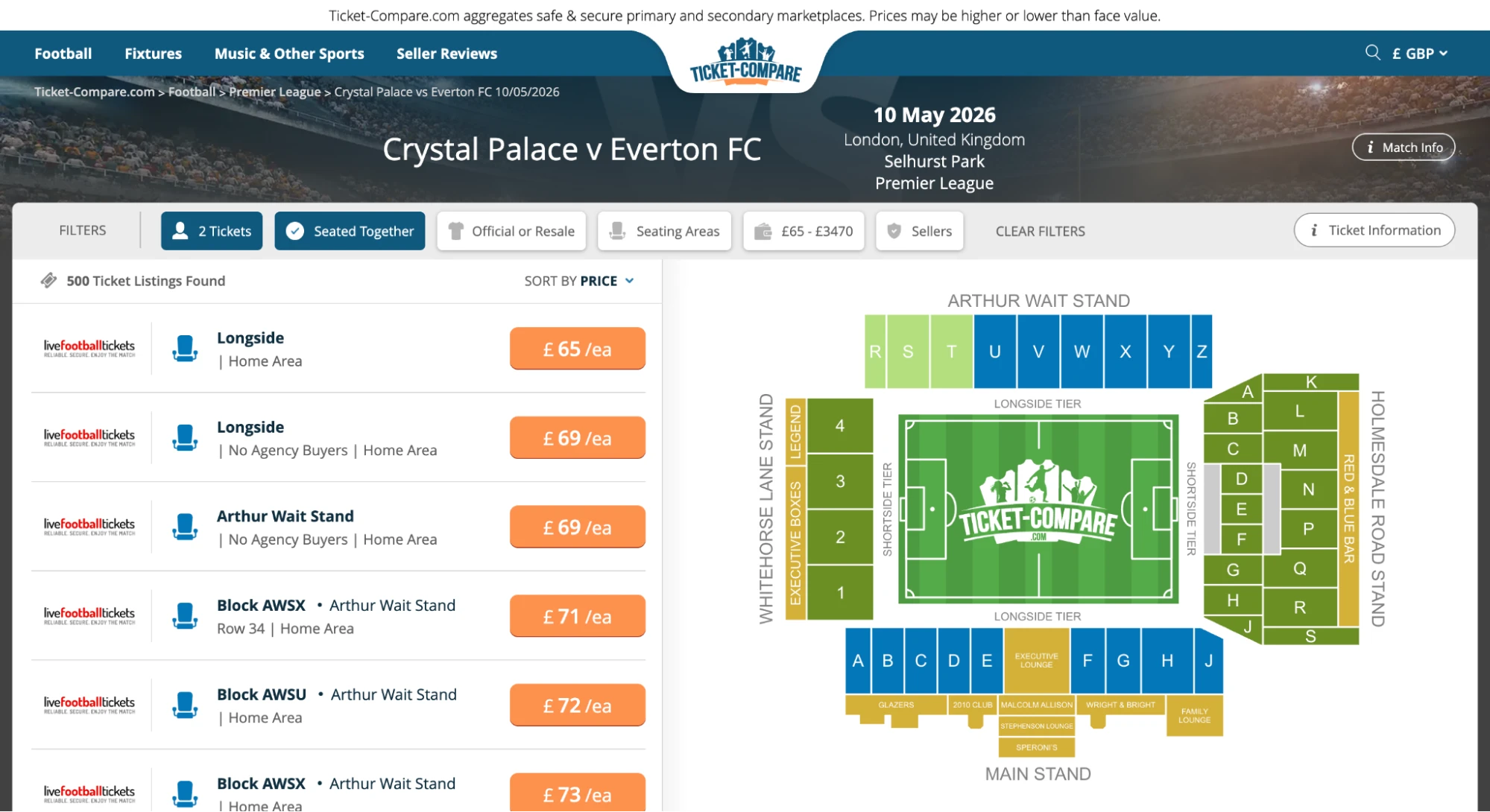 Screenshot: Crystal Palace v Everton FC tickets