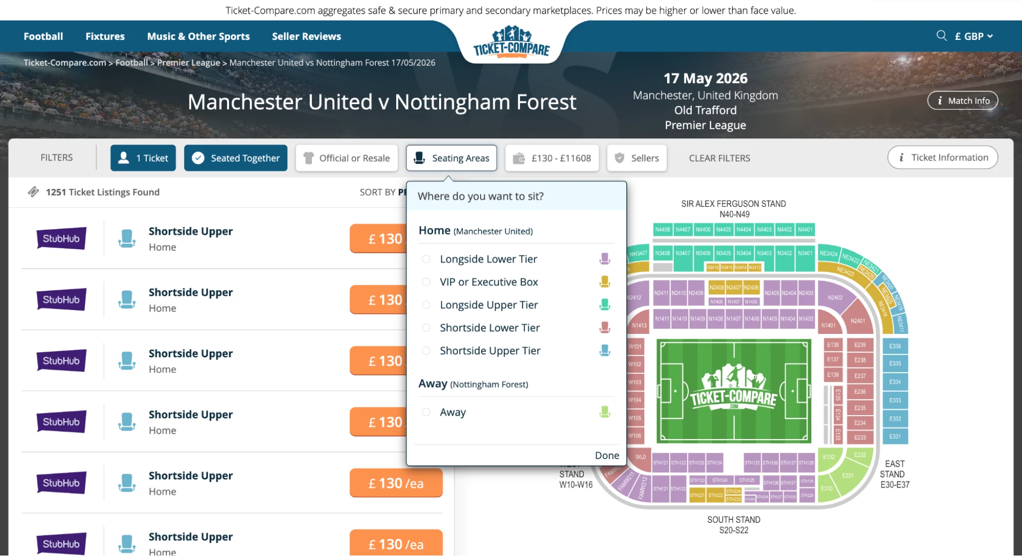 Screenshot of Manchester United v Nottingham Forest tickets page on Ticket-Compare.com
