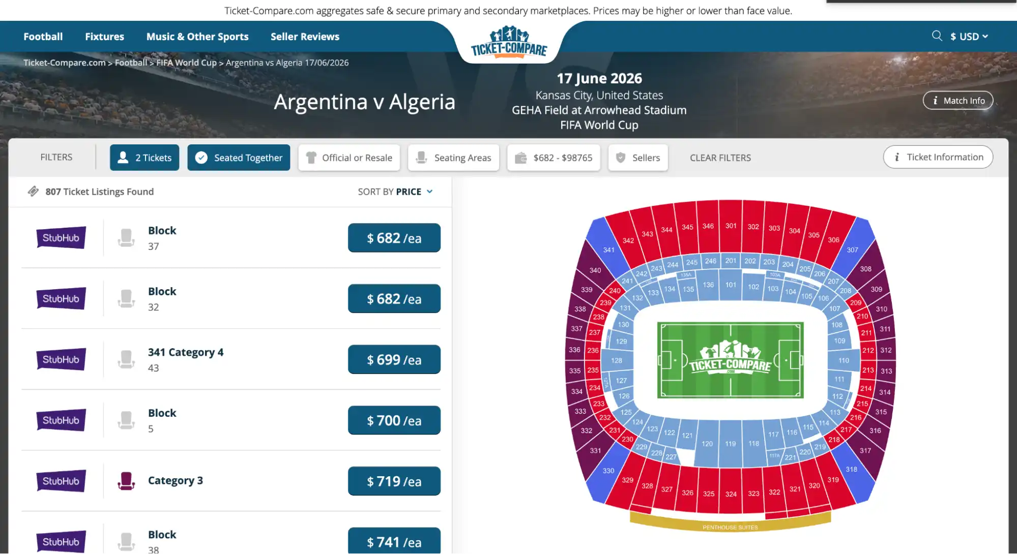 screenshot of Argentina vs Algeria match tickets page