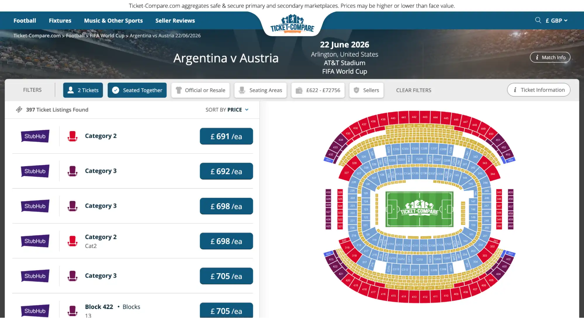 screenshot of Argentina vs Austria match tickets page