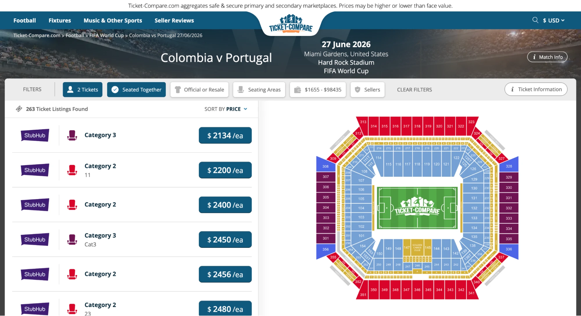 screenshot of Colombia vs Portugal match tickets page