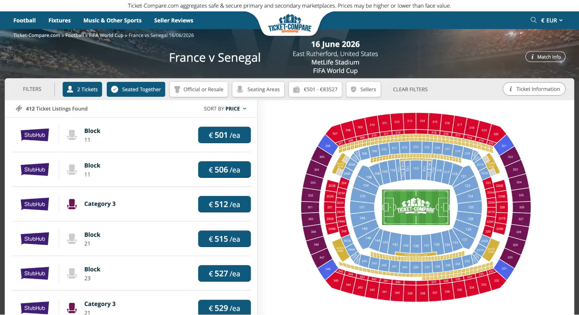 screenshot of France vs Senegal match tickets page