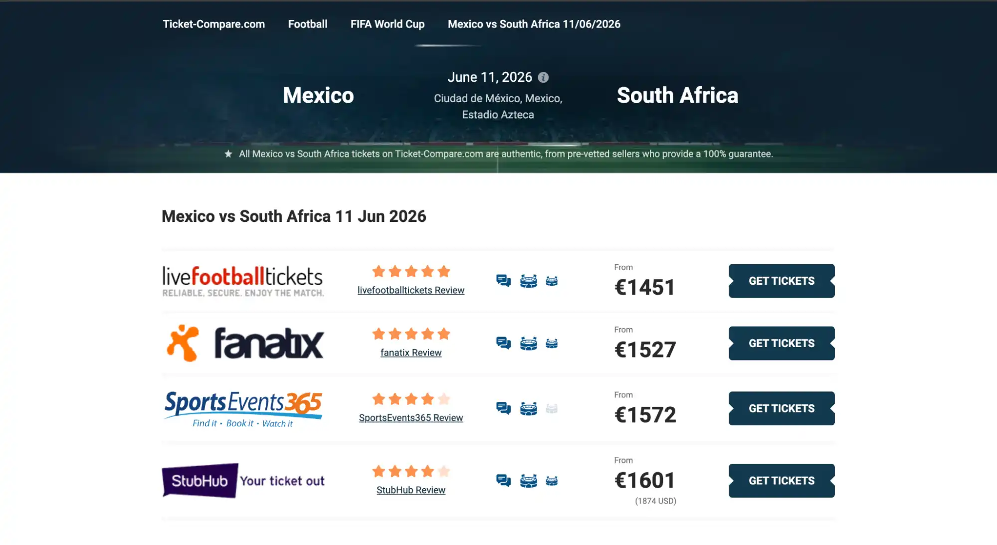 screenshot of Mexico vs South Africa match tickets page