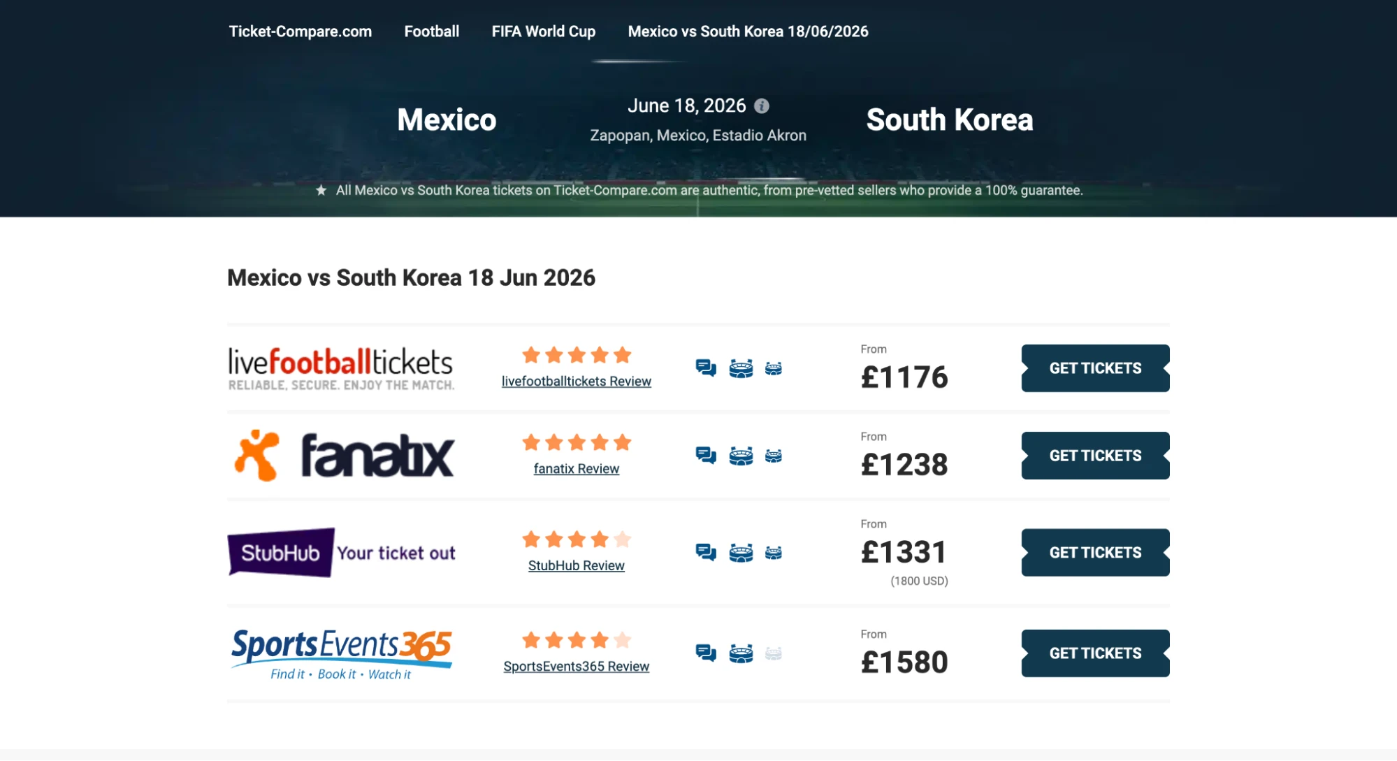 screenshot of Mexico vs South Korea tickets page on ticket-compare.com