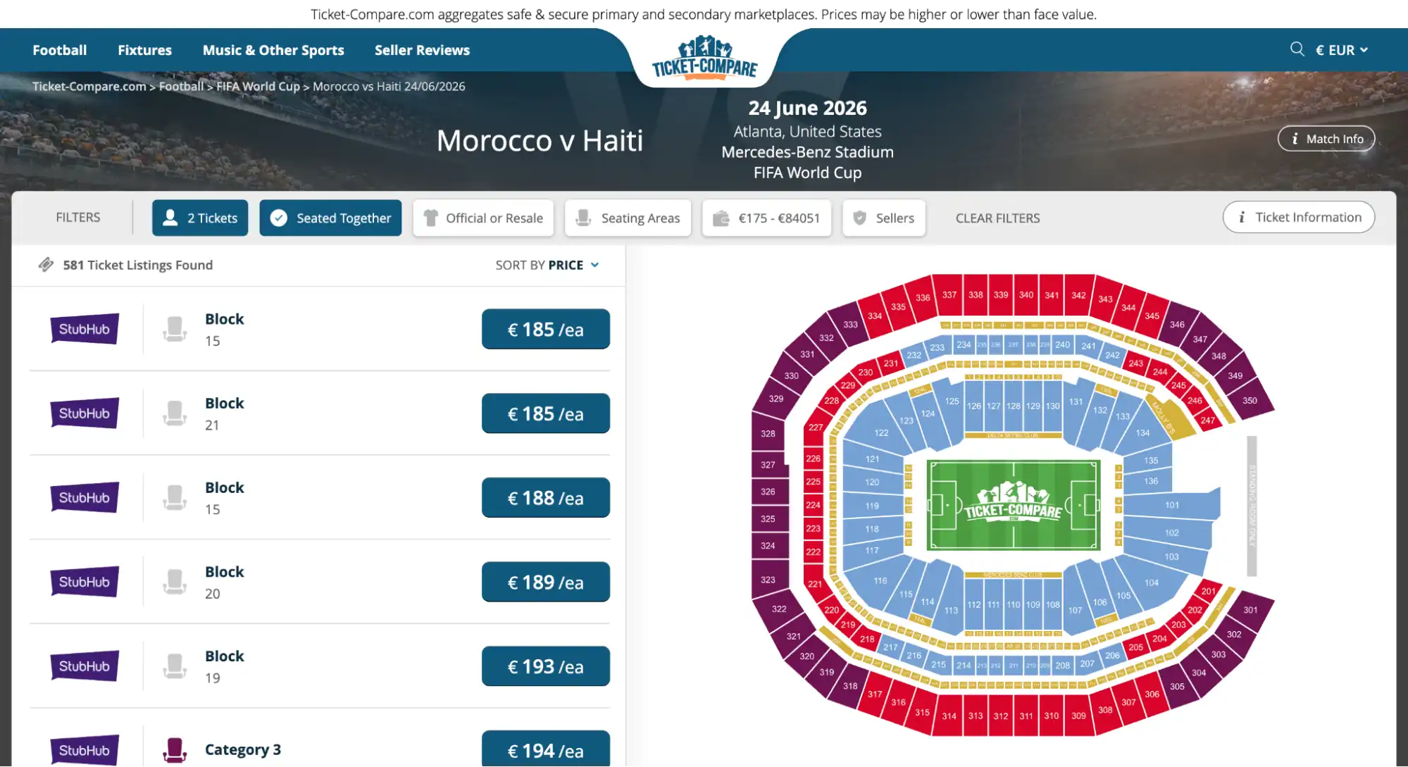 screenshot of Morocco vs Haiti match tickets page