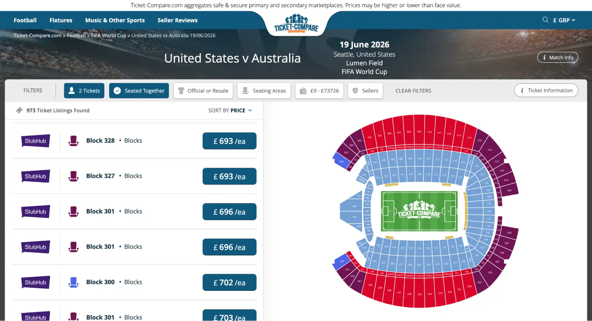 screenshot of United States vs Australia match tickets page