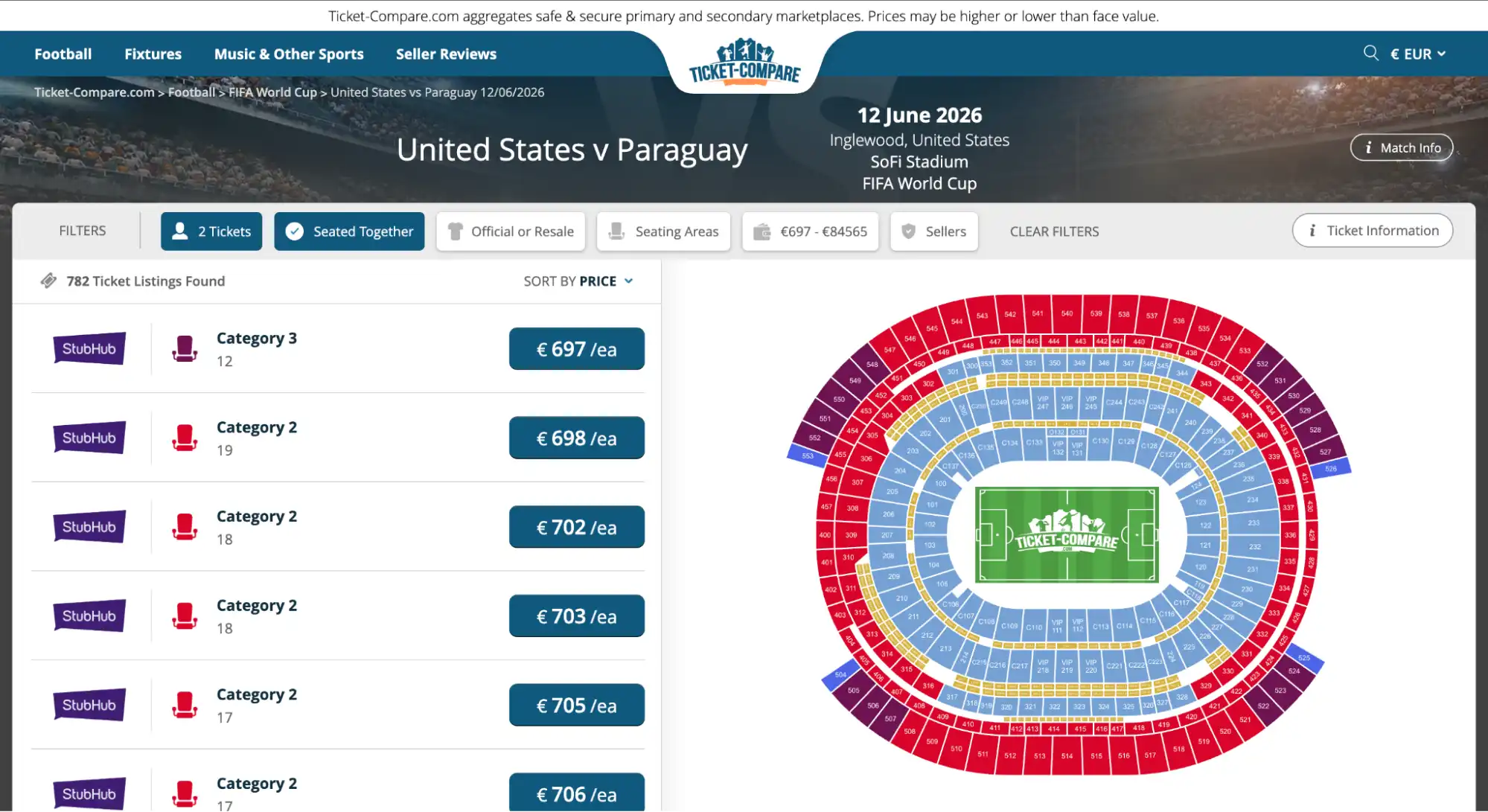 screenshot of United States vs Paraguay match tickets page on ticket-compare.com