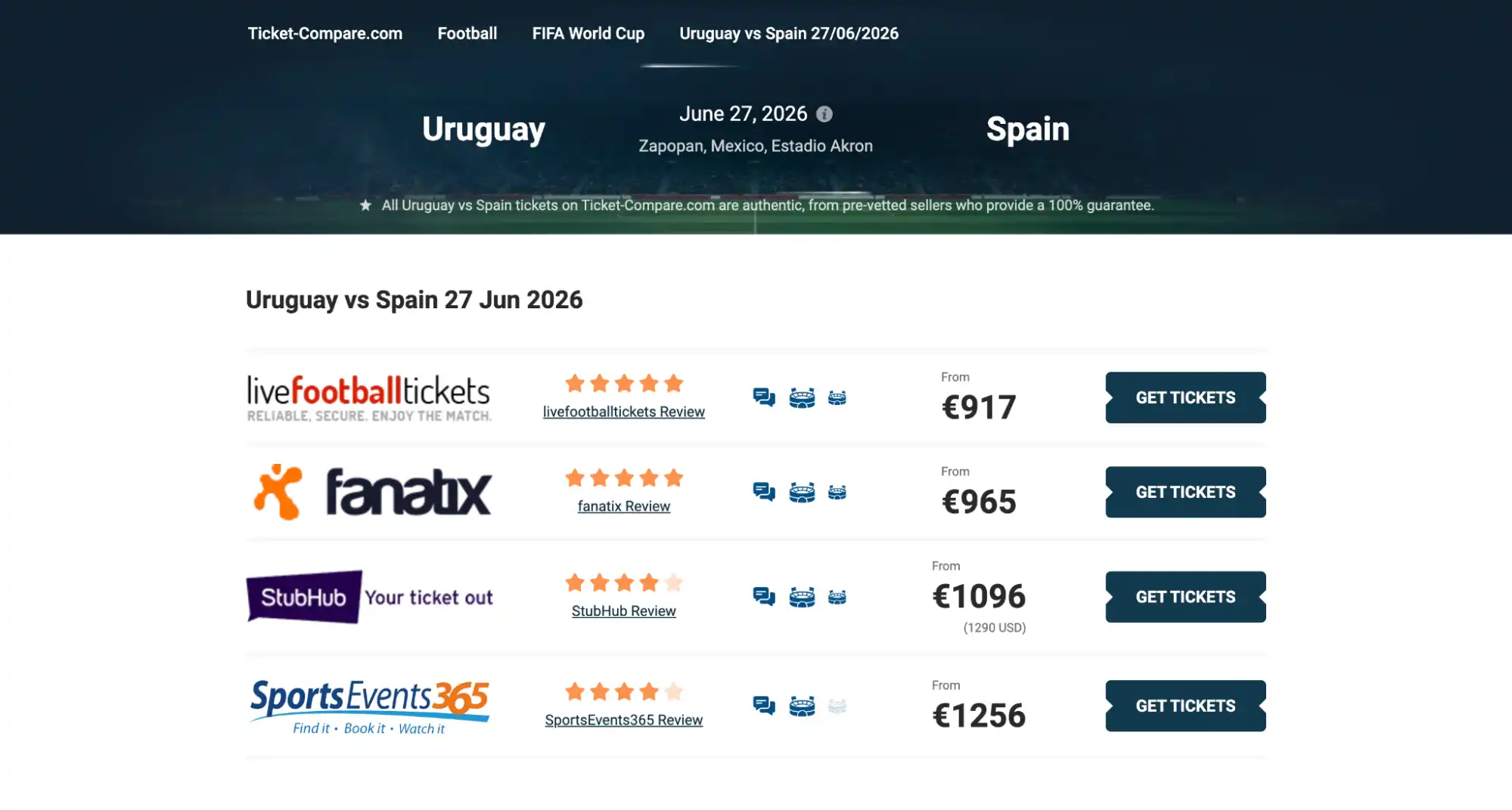 Uruguay vs Espanja lippujen vertailusivu