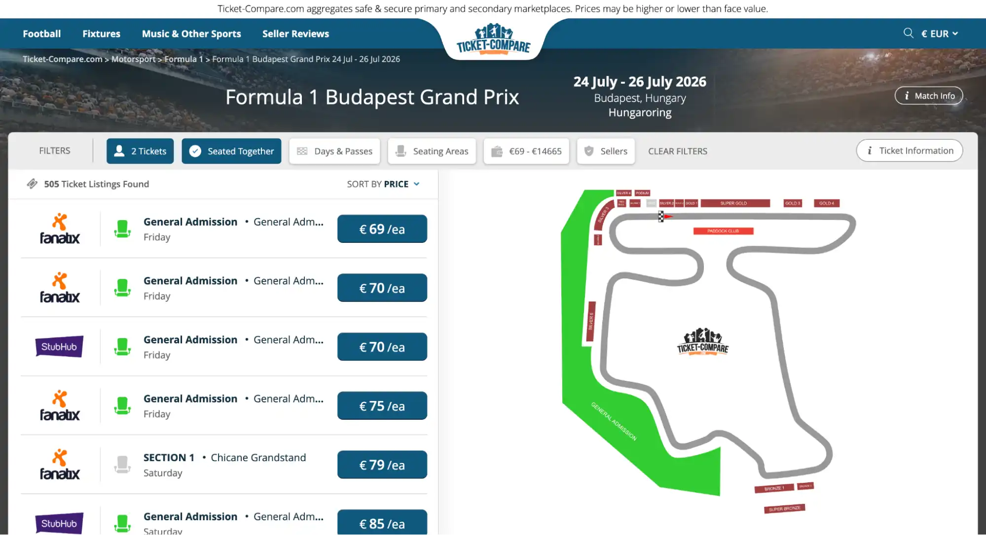 screenshot of Formula 1 Budapest Grand Prix tickets page