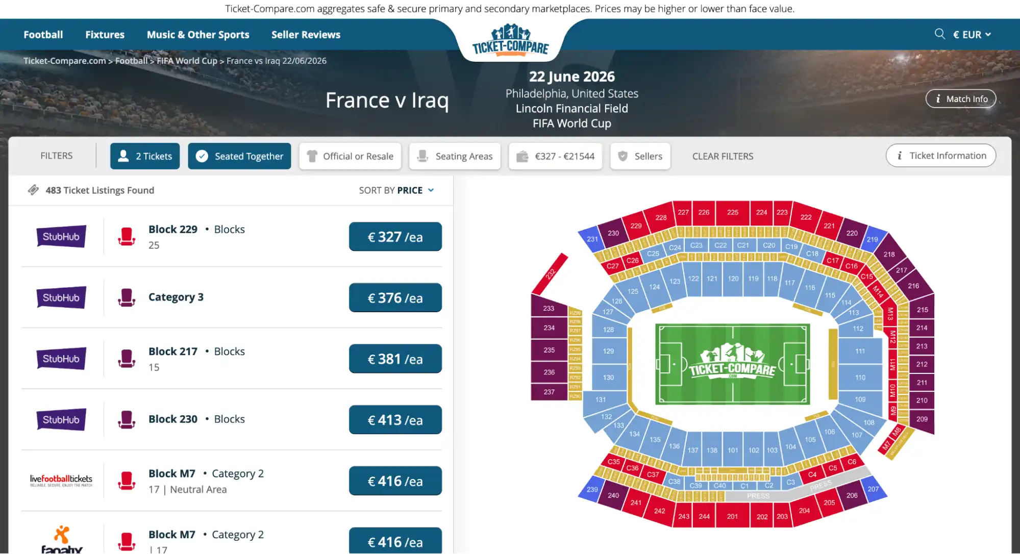 screenshot of France vs Iraq match tickets page on ticket-compare.com