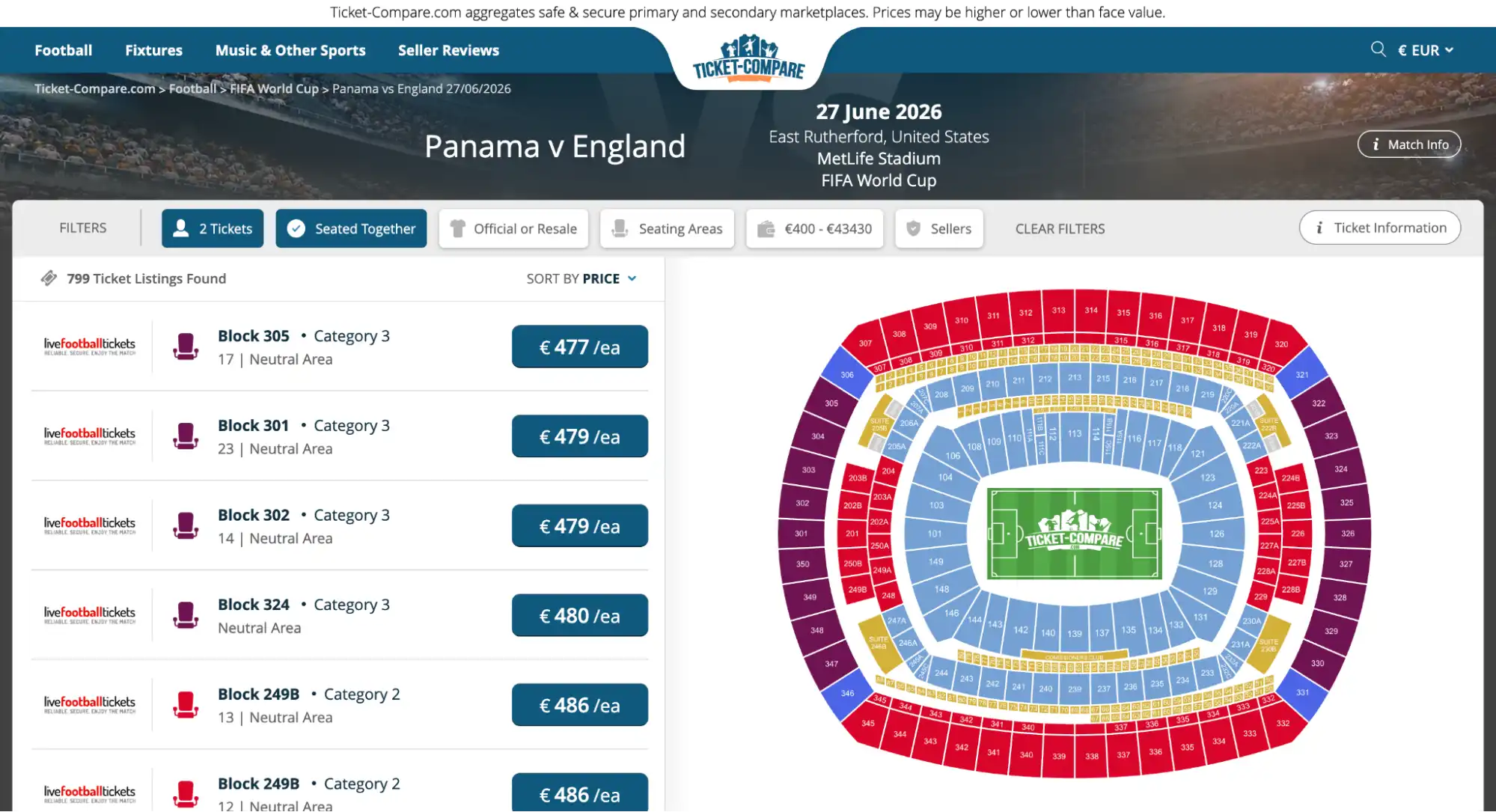 screenshot of Panama vs England match tickets page on ticket-compare.com