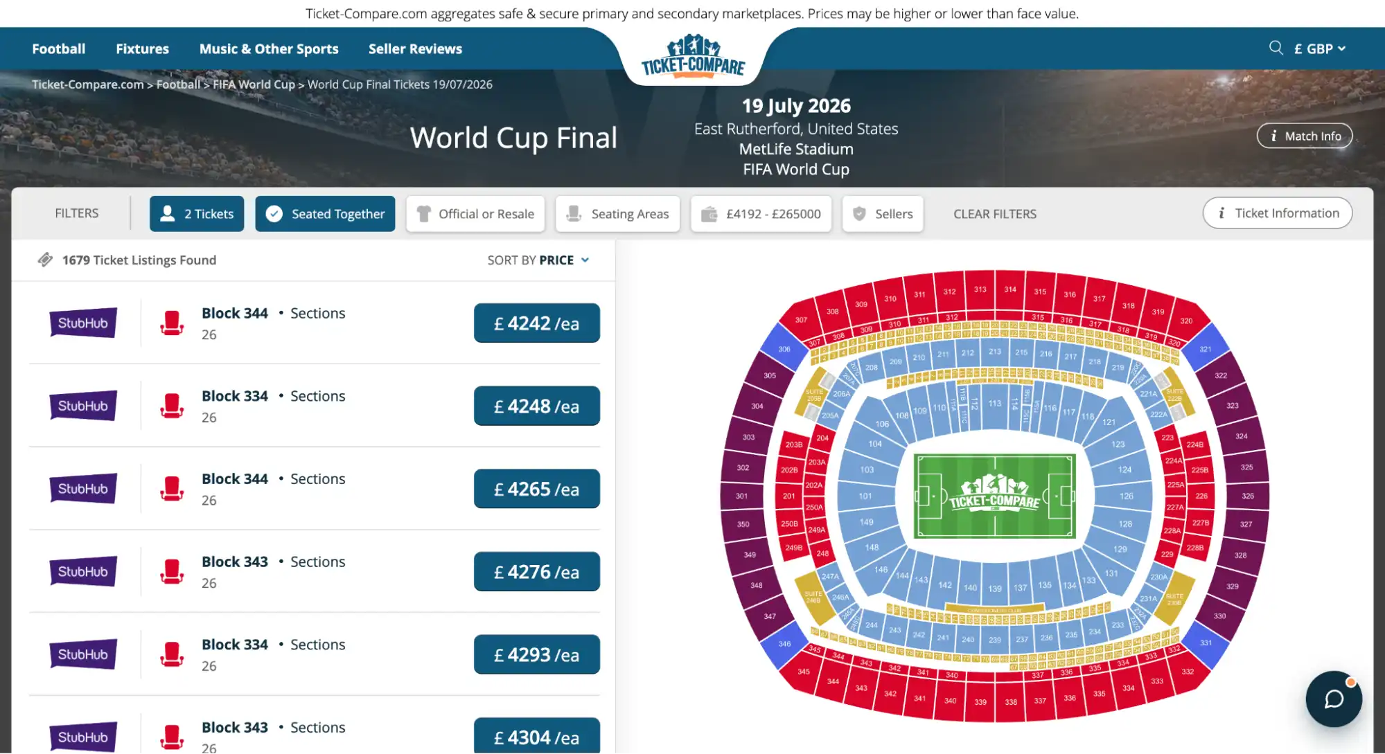 screenshot of World Cup Final tickets page