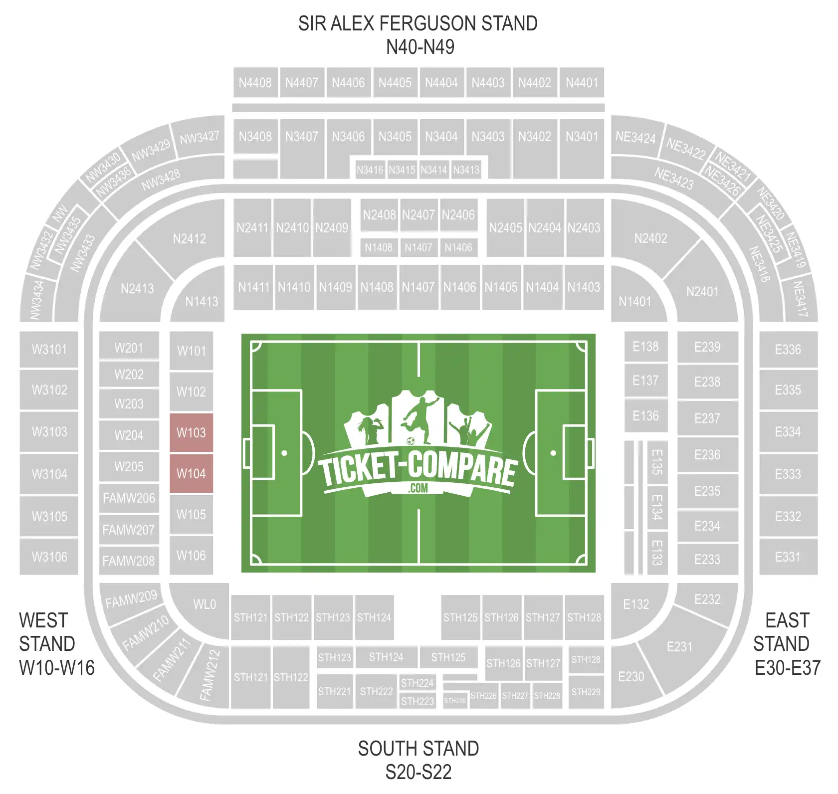 Screenshot of Old Trafford Seating plan with blocks W103 and W104 highlighted