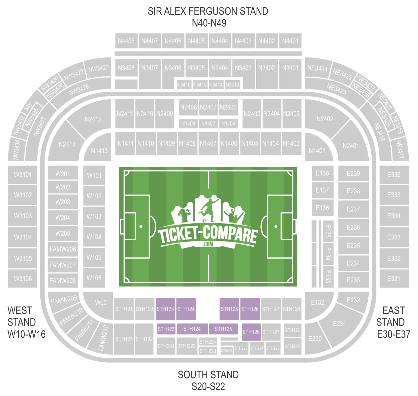 Screenshot of Old Trafford Seating plan with blocks from STH123 to STH126 highlighted
