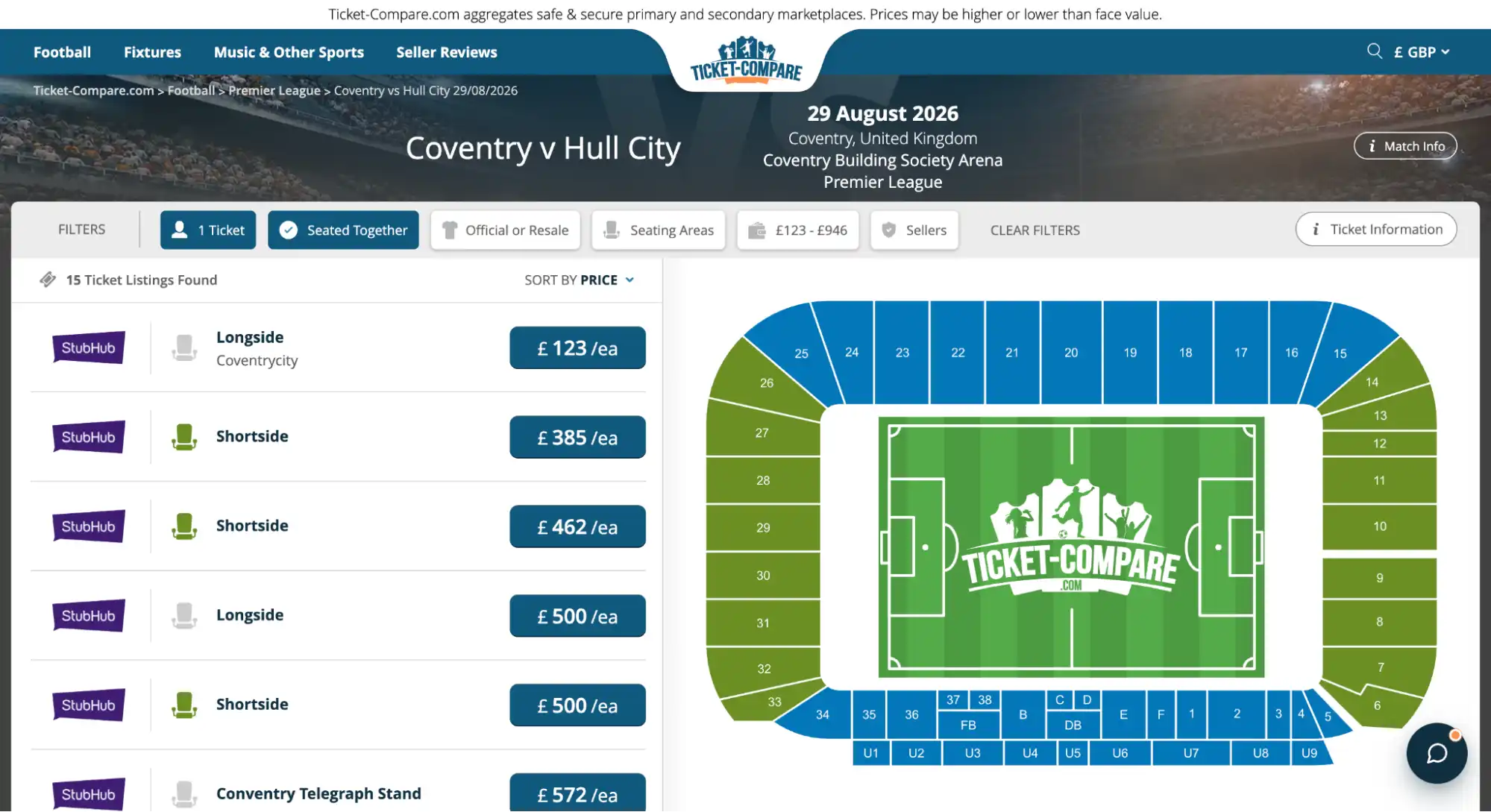 screenshot of Coventry vs Hull City match tickets page