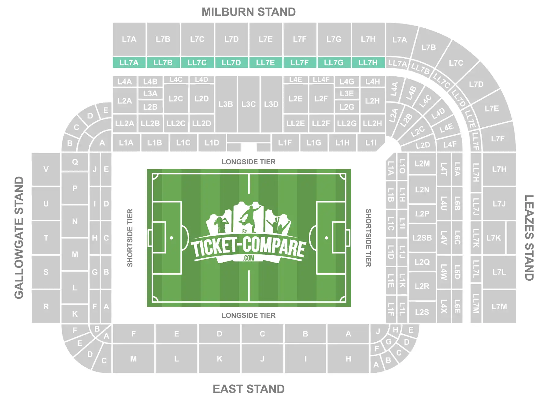 Screenshot of St James Park stadium seating plan with blocks from LL7A to LL7H highlighted
