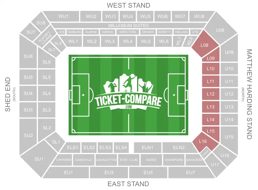 Stamford Bridge - katsomokartta, L08-L16 korostettuna