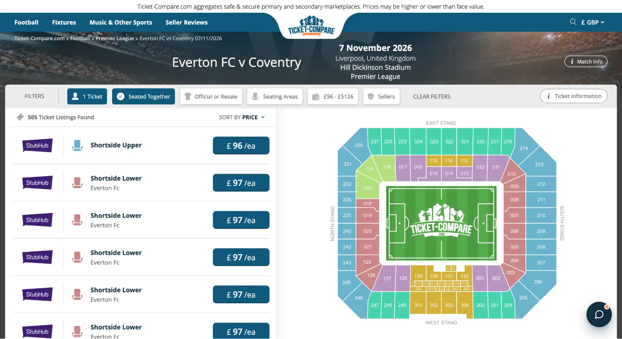 Everton FC – Coventry liput näkymä